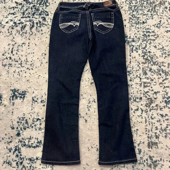 Myth of Jade Dark Wash Boot Cut straight leg white stitching pocket detail 28 - Picture 2 of 7